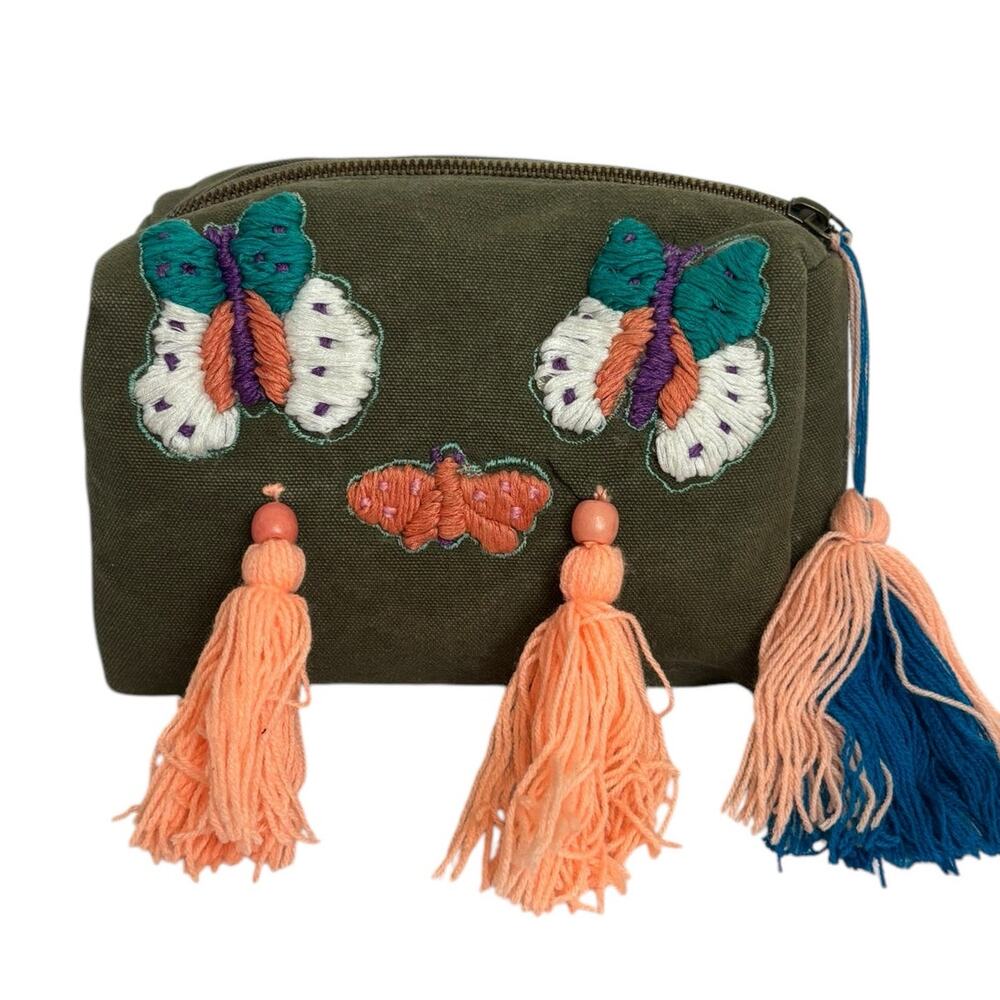 Raj LA Dark Sage Green Canvas Embroidered Tasseled Butterfly Cosmetic Bag NEW